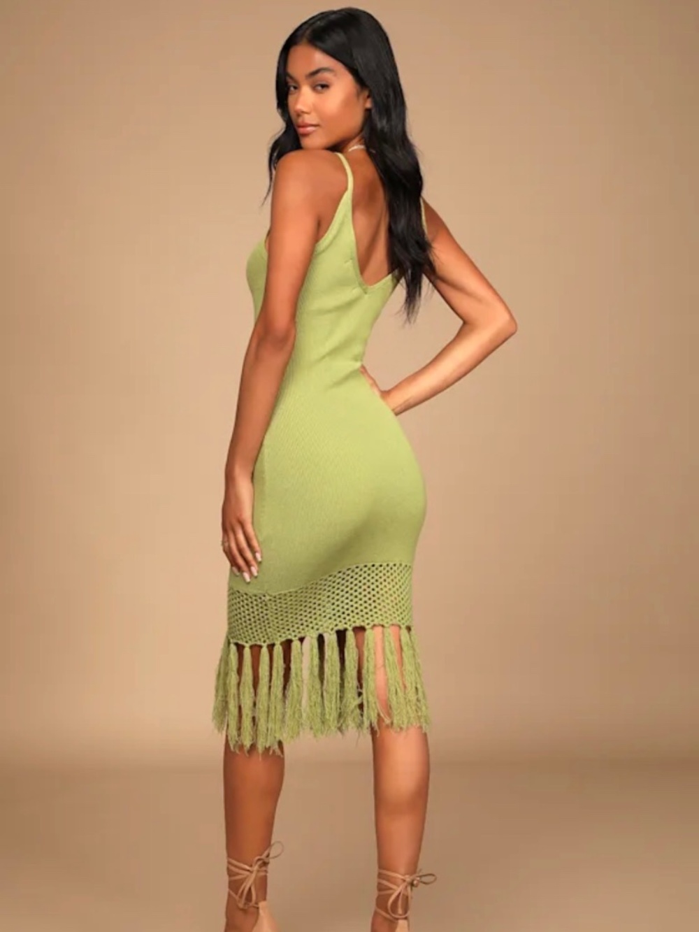 Festival Light Green Ribbed Knit Fringe Midi Dress | WORN ONCE